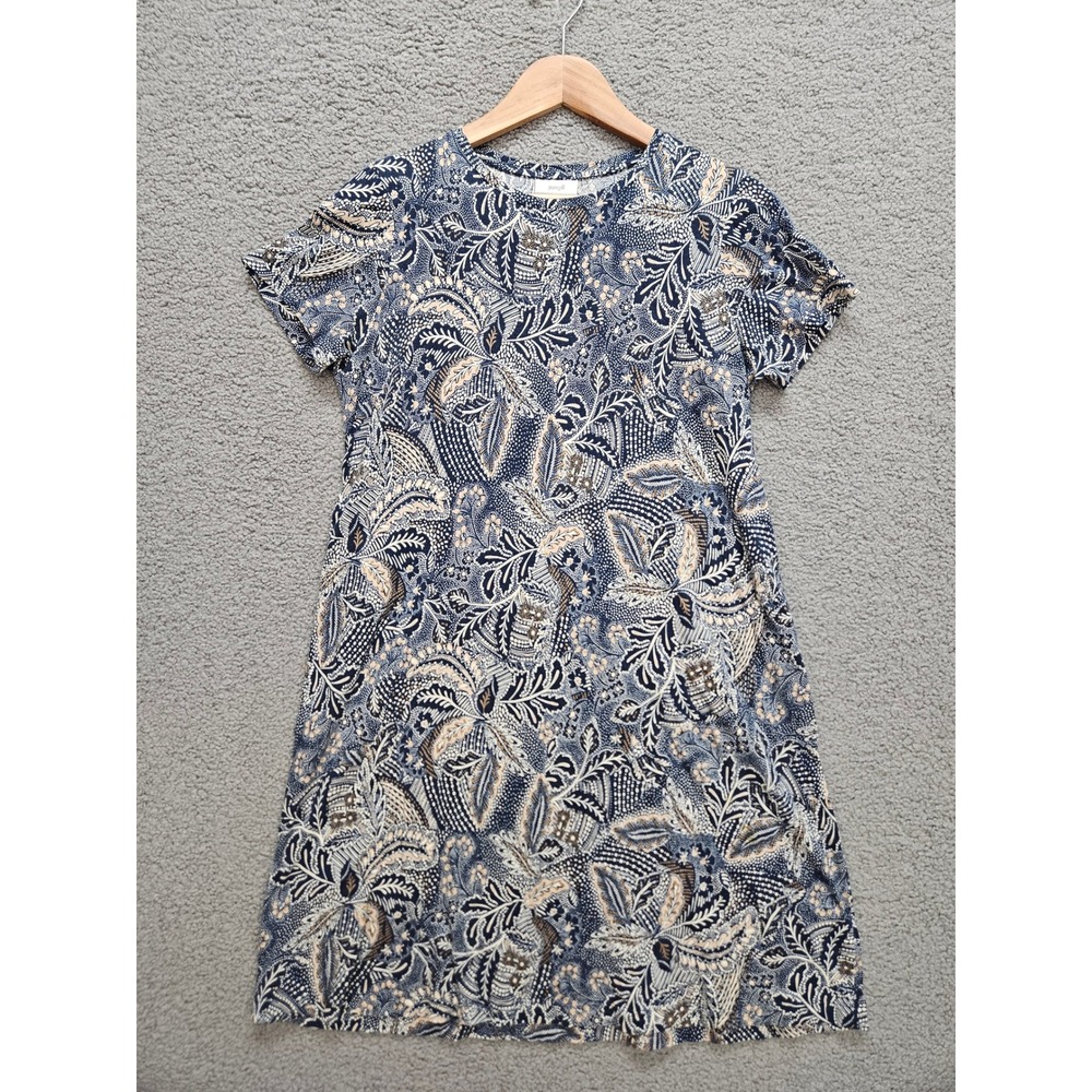 Pure Jill Cotton T-Shirt Dress S Blue Batik Floral Boho Coastal Pockets